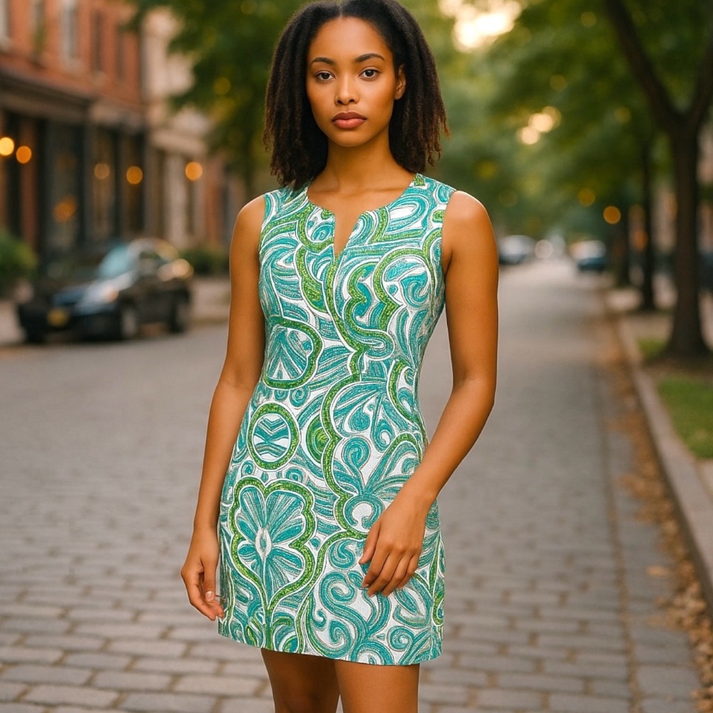 Jude Connally Blue Green Sleeveless V-Neck Sheath Mini Dress
